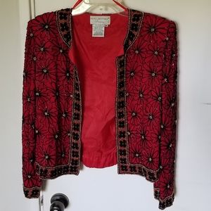 Red & Black Beaded Cropped Evening Jacket